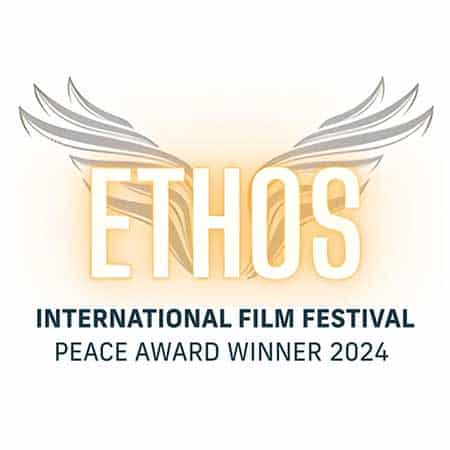 Ethos International Film Festival logo with stylized wings and text reading "Peace Award Winner 2024.