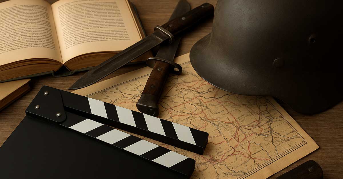 A film clapperboard, military helmet, knife, open book, and map are arranged on a wooden surface—capturing the essence of ZenLily Films as they explore stories from the battlefield to the book club.