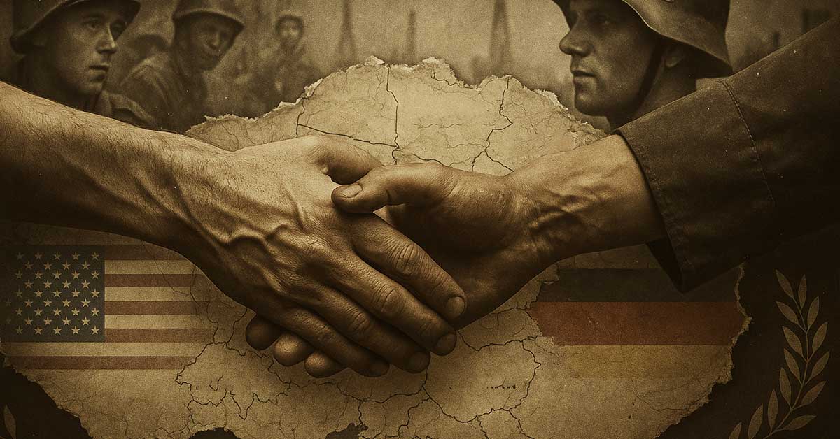Two soldiers shake hands over a map, with American and German flags visible below, while other soldiers stand in the background—a powerful scene of international cooperation captured by ZenLily Films.